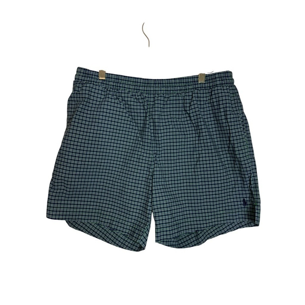 Polo Ralph Lauren Mens Green Blue Plaid Cotton Swim Trunks Mesh Liner Large 5in